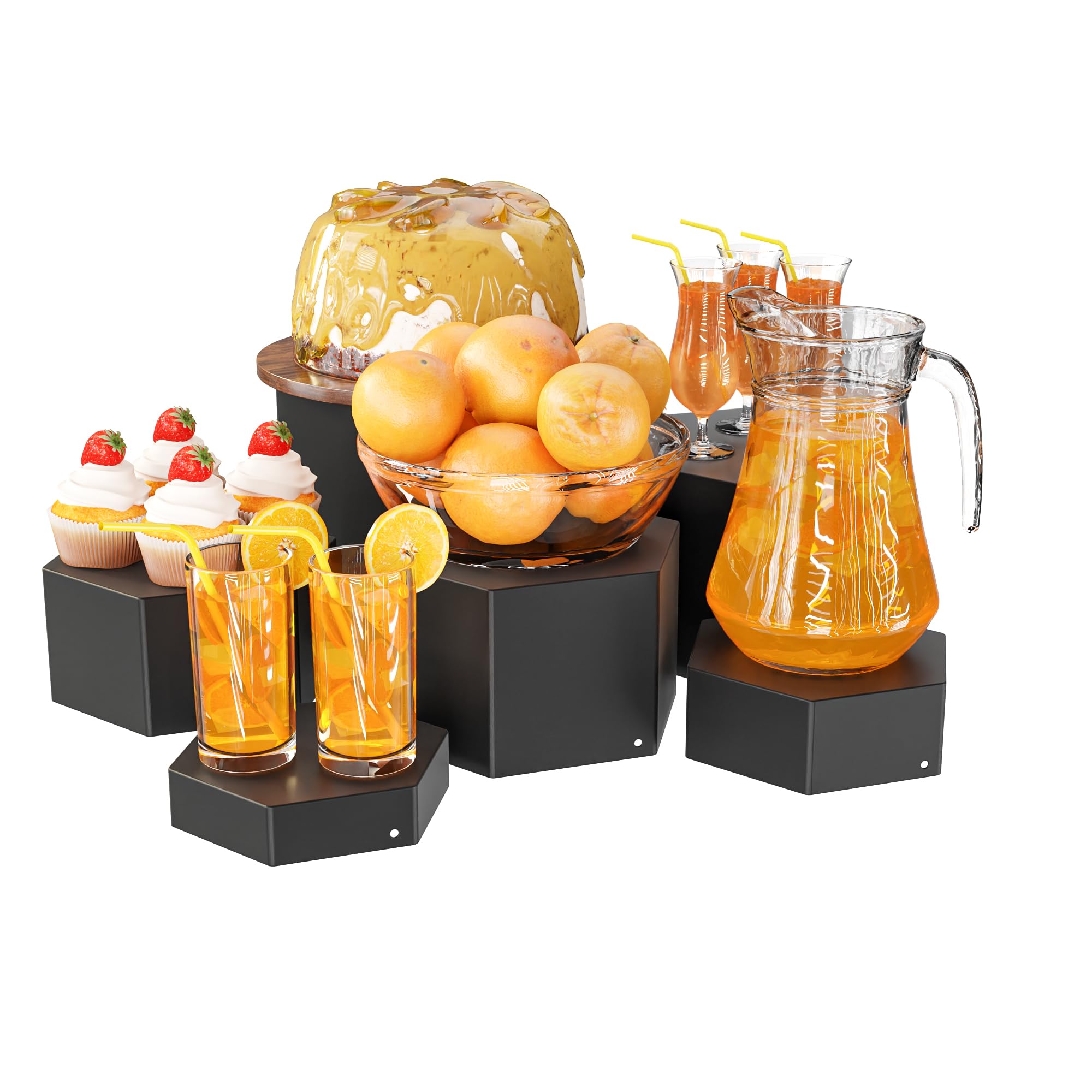 Metal Buffet Risers,6PCS Hexagonal Jewelry Display Risers 2.76 in to 4.02 in Market Display Stands Metal Showcase for Catering Dessert Figures Decoration (Matte Black, 2.76IN to 4.02IN)