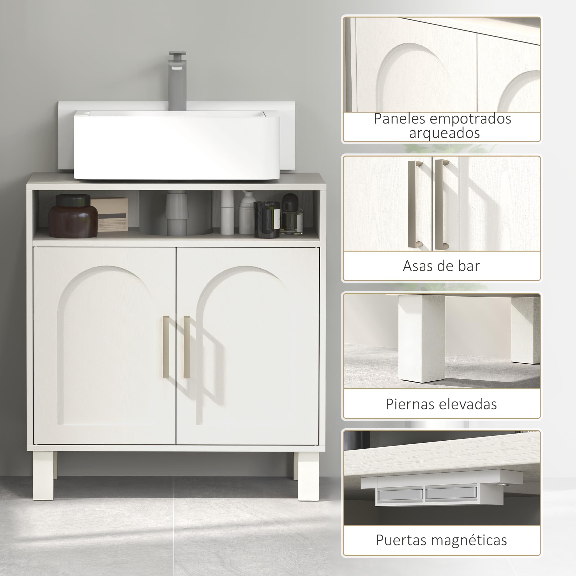 HOMCOM Mueble Bajo Lavabo con Estante Ajustable 60x30x63 cm Blanco Crema