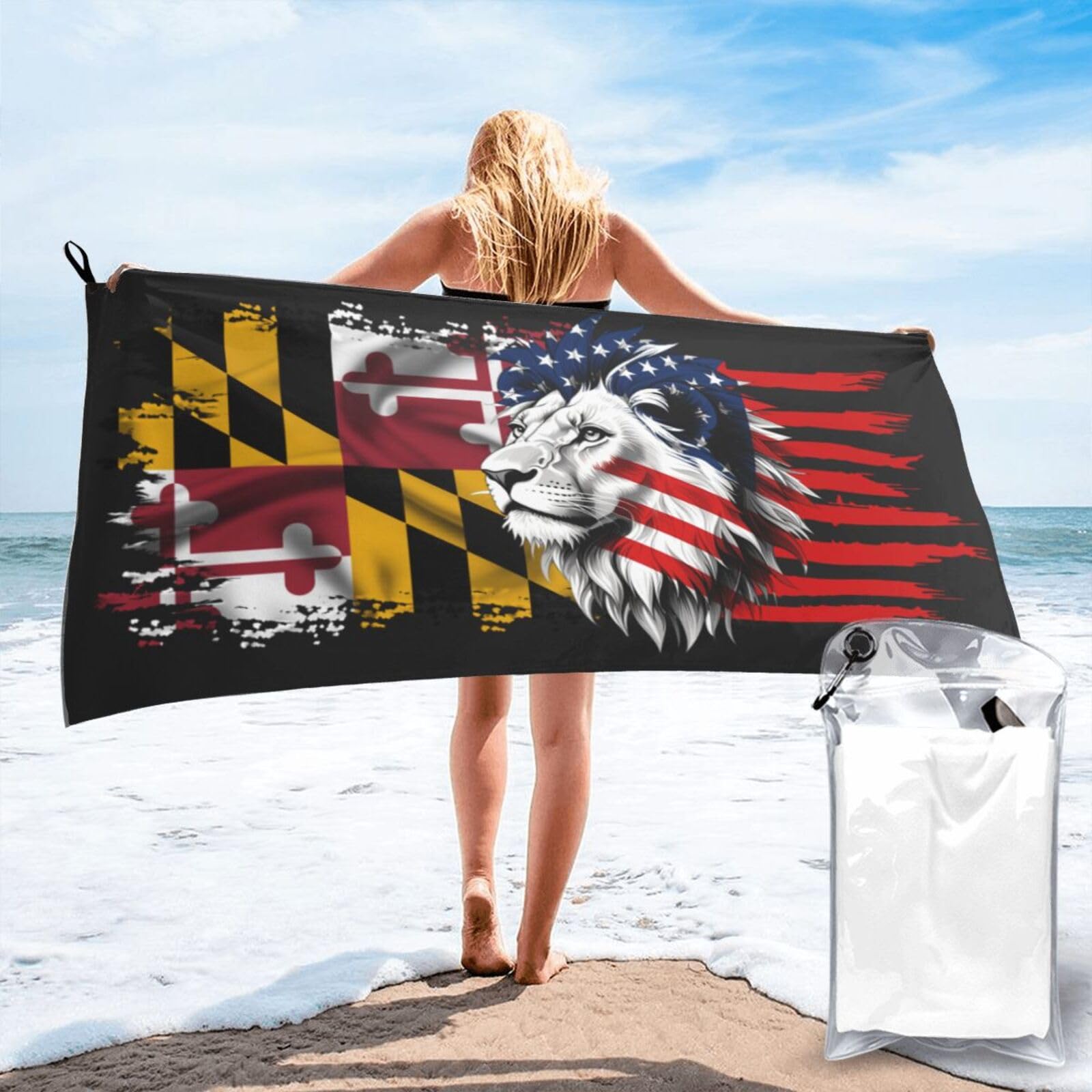 HACXZ Microfiber Beach Towel Large Camping Towel America Flag and Maryland Flag Bathroom Beach Towels