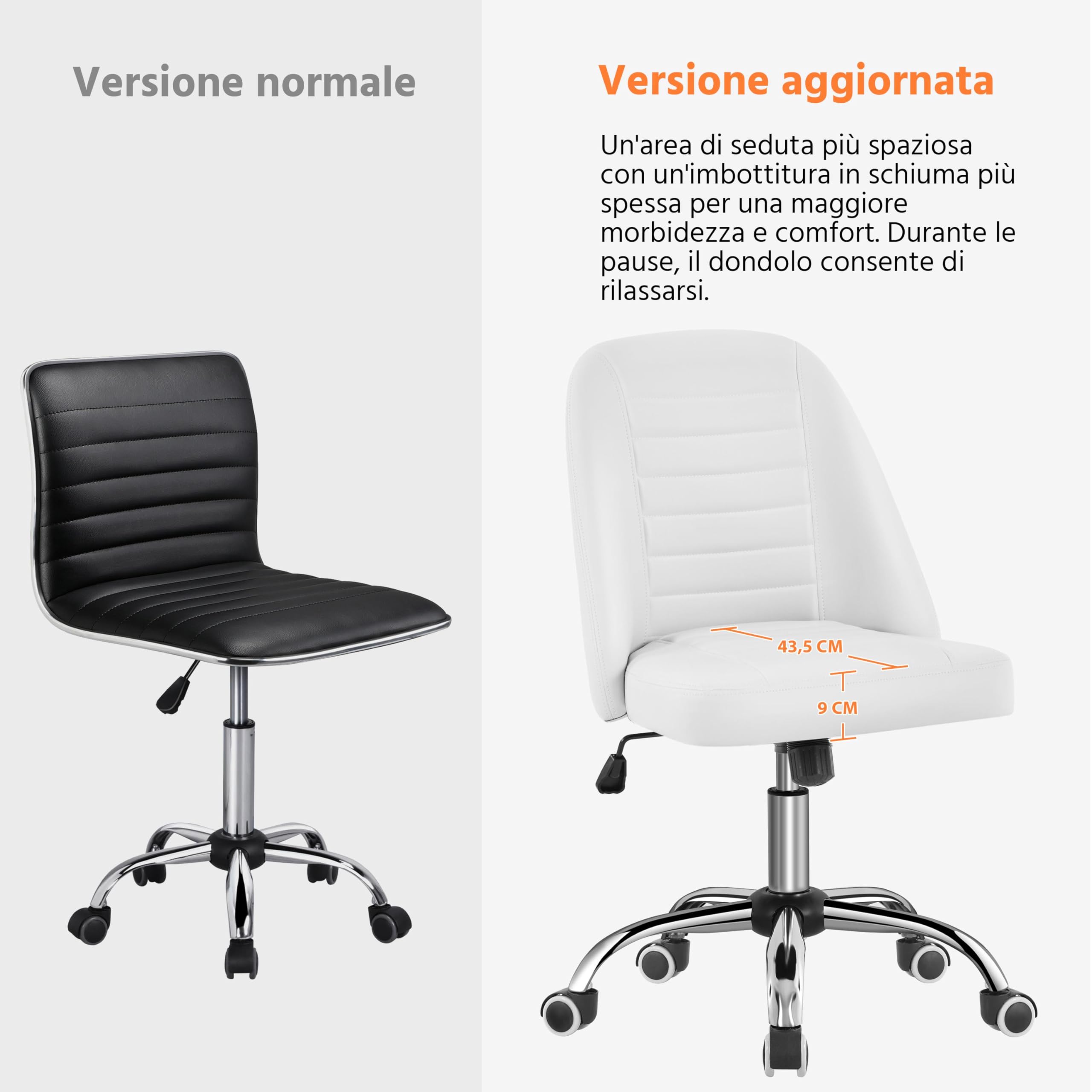 Yaheetech Sedia Ufficio Scrivania Cameretta Bianca Senza Braccioli Ergonomica Reclinabile Imbottita in Finta Pelle con Rotelle Girevole Altezza Regolabile Portata 136 kg
