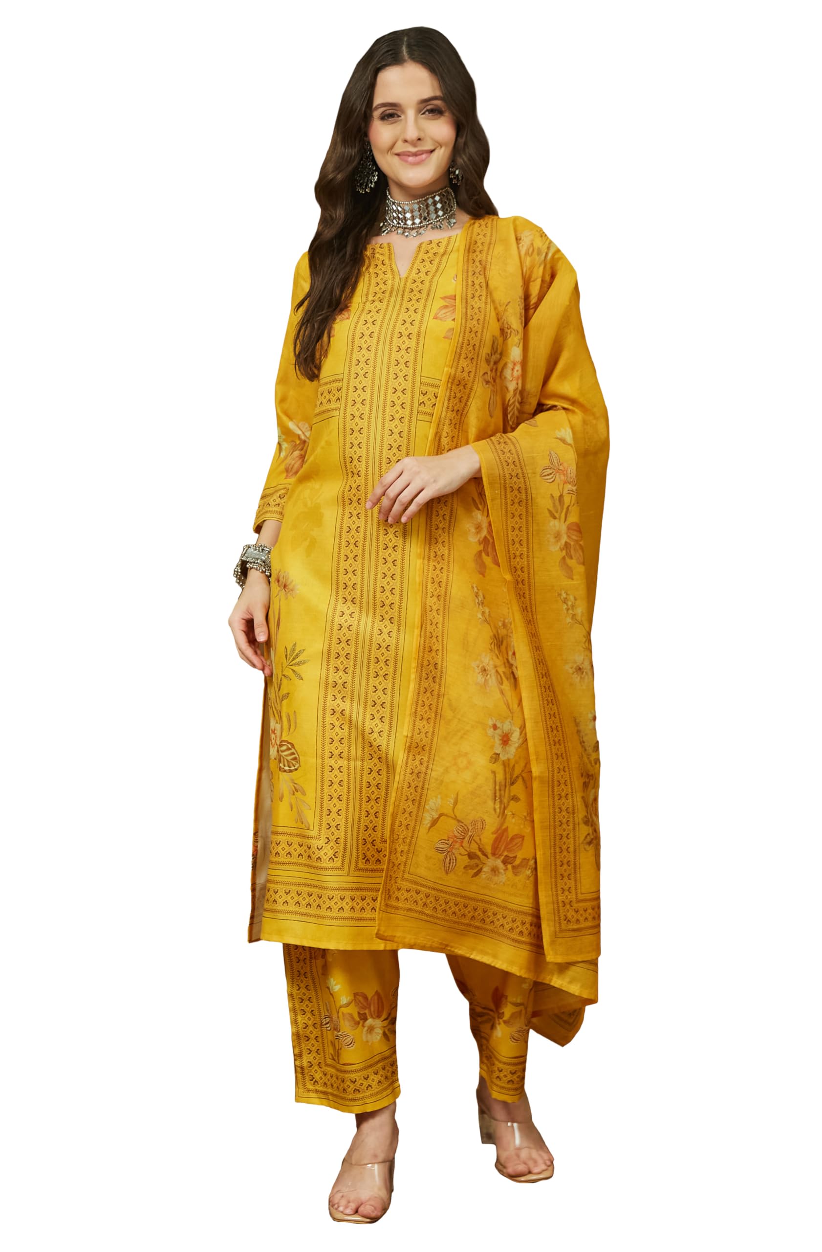janasya Women's Yellow Cotton Blend Floral Printed Pakistani Straight Kurta Set-picture-27