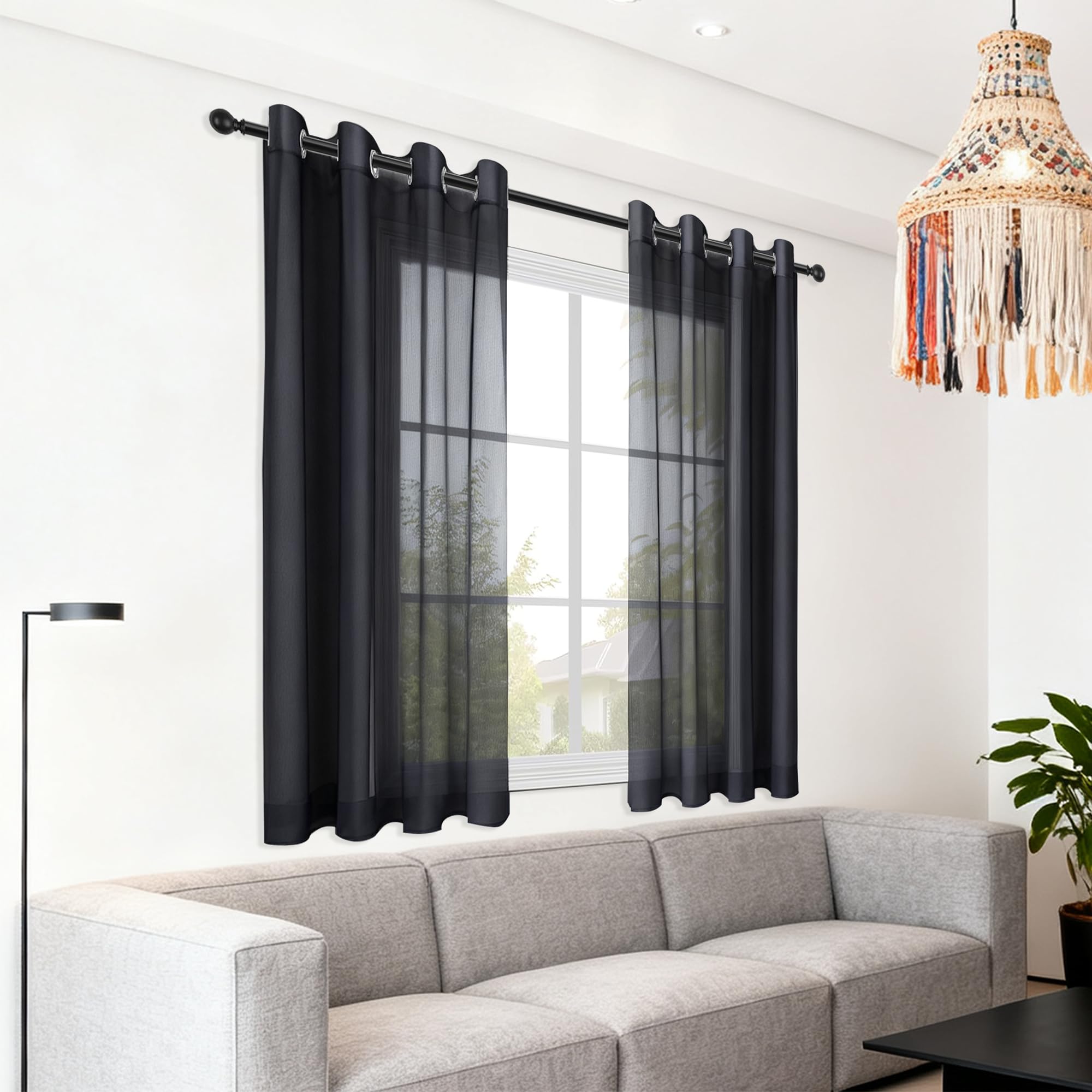 Cortinas Salon Modernas 340 x 260 cm con Ojales Dormitorio Translúcidas Visillos Paneles Translucido Moderno para Sala Cuarto Dormitorio Comedor Cocina Salón, Negro