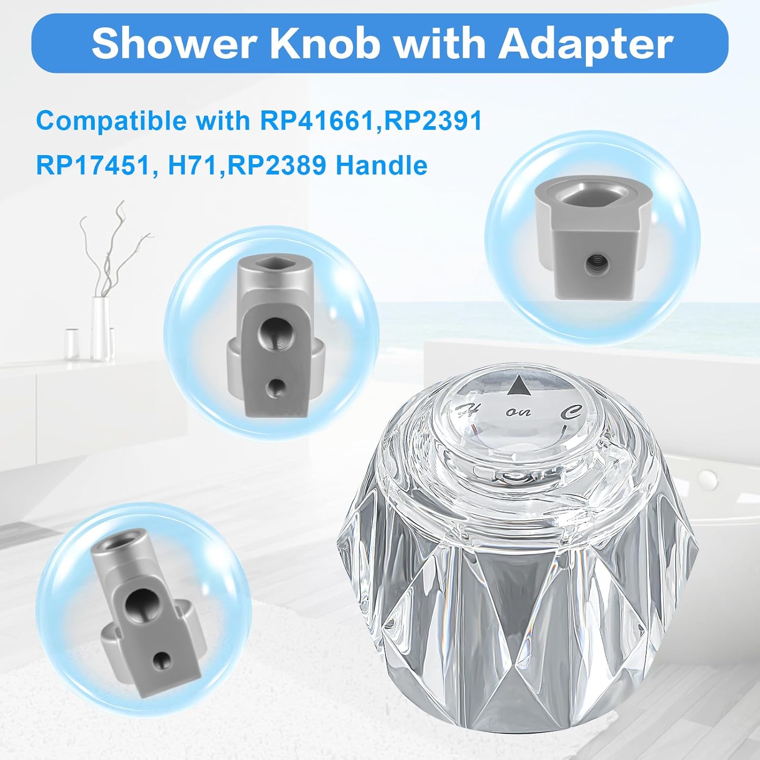 Shower Faucet Handle and 3 Adapter, Compatible with Delta Faucet RP41661, RP2391, RP17451, H71, RP2389 Handle, Offset Hole Shower Knob for Shower/Tub Faucet, 2-1/2" x 2-1/8" Clear Acrylic Finish
