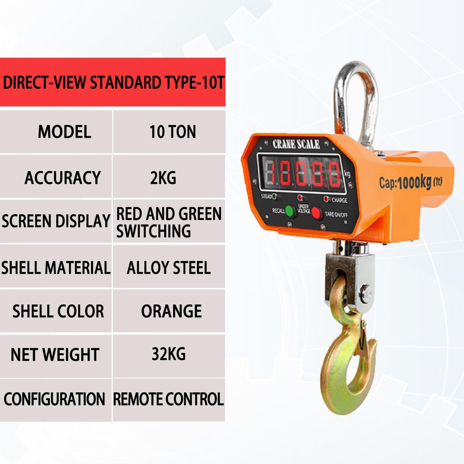 Electronic Crane Scale,Digital Hanging Scale with Remote, Industrial Crane Scale, with Shackle and Hook, Highly Visible LED Display,for Farm, Fishing(10T)