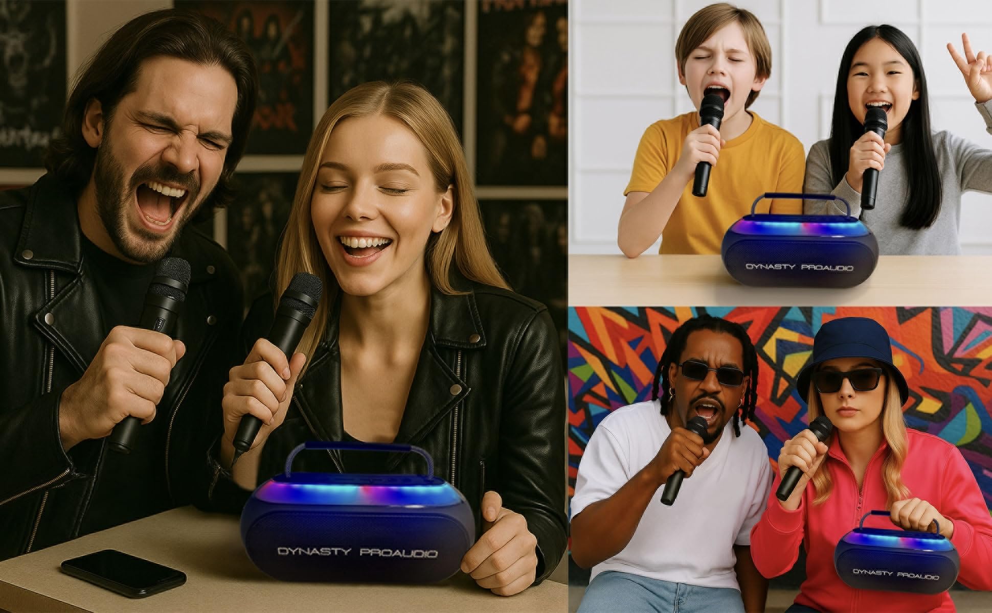 Enceinte Bluetooth portable SB-230 avec deux microphones sans fil, étanche, prend en charge USB, AUX, carte TF, lumières LED à changement de couleur (noir)