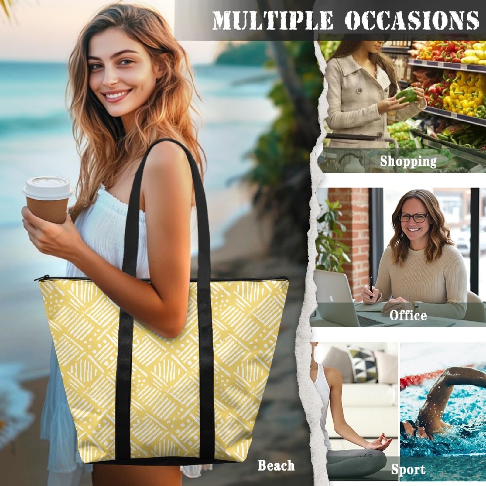 Tote Bag Bolsa Playa Poliéster Bolsas de Tela Reutilizable Bolsas de Viaje Plegable Bolso Playa Cremallera Bolsos de Mano Mujer Bolso Viaje