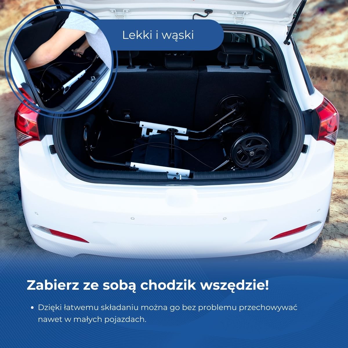 Olimpo Mobiclinic Aluminiowy składany chodzik z torbą i tacą 4 kółka biały