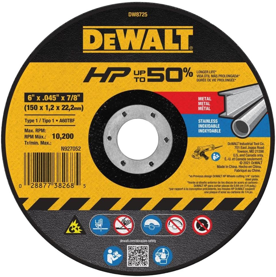 DEWALT Cutting Wheel 6 in. x .040 in. x 7/8 in., Abrasive Blade, A60 Medium Grit (DW8725)