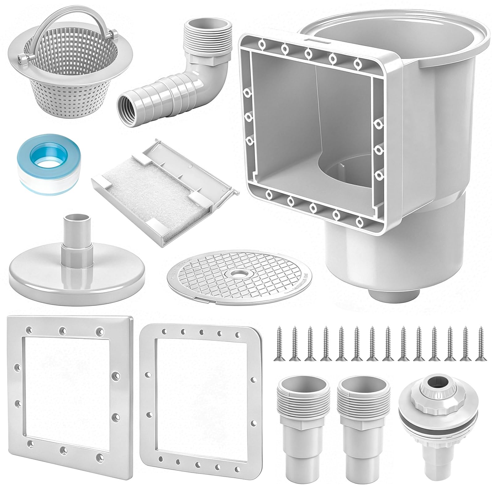 Set di skimmer per piscina, skimmer da incasso, con ugello di ingresso e altri accessori, set completo per piscine a parete in acciaio, ugello di ingresso, cestello grande con attacco per tubo da 32