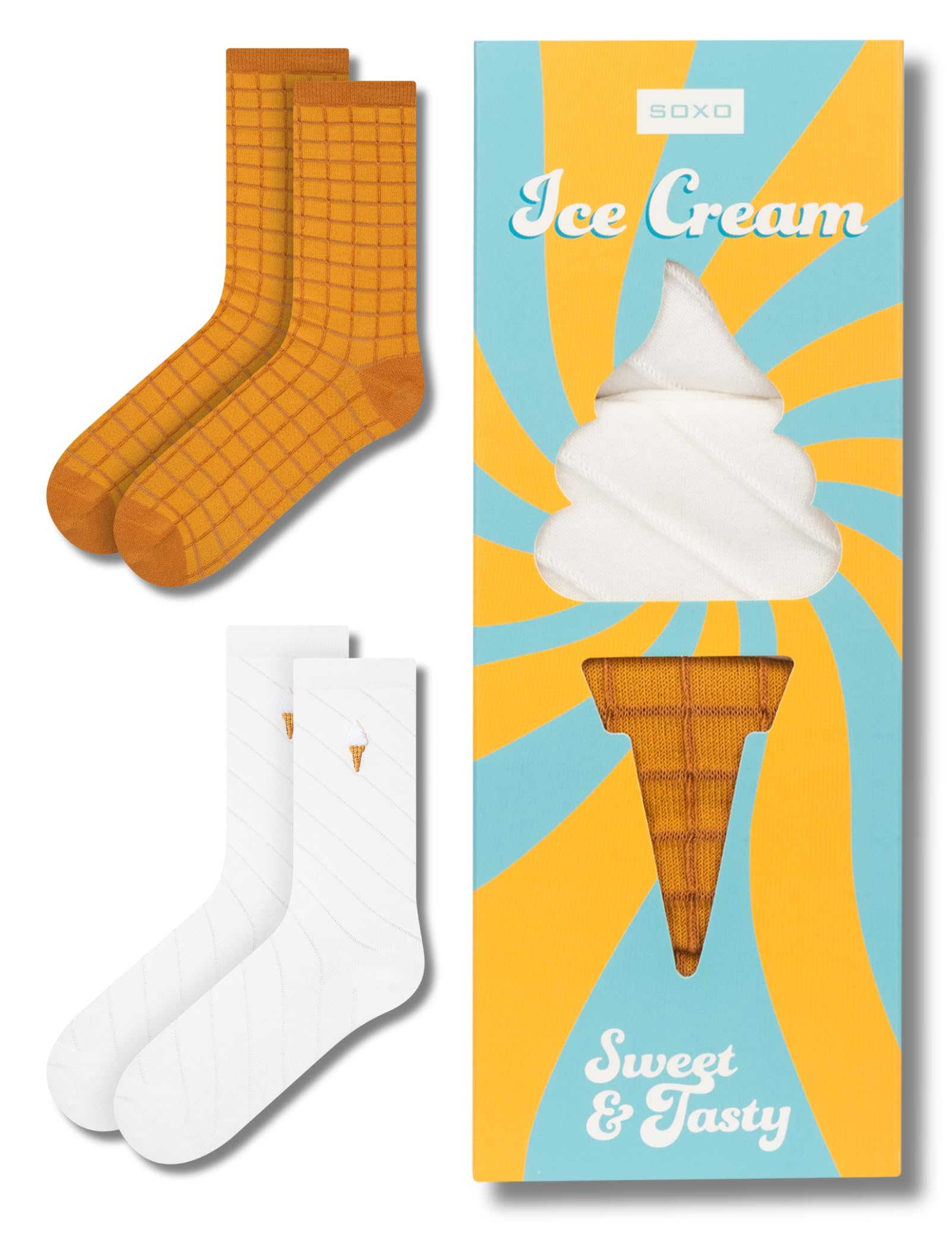 soxo Dessert Socks Women Funny Ladies Gift Ideas Long Womens Sock Women's Funky Gifts Box 2.5-6.5 Ice Cream 2 Pairs