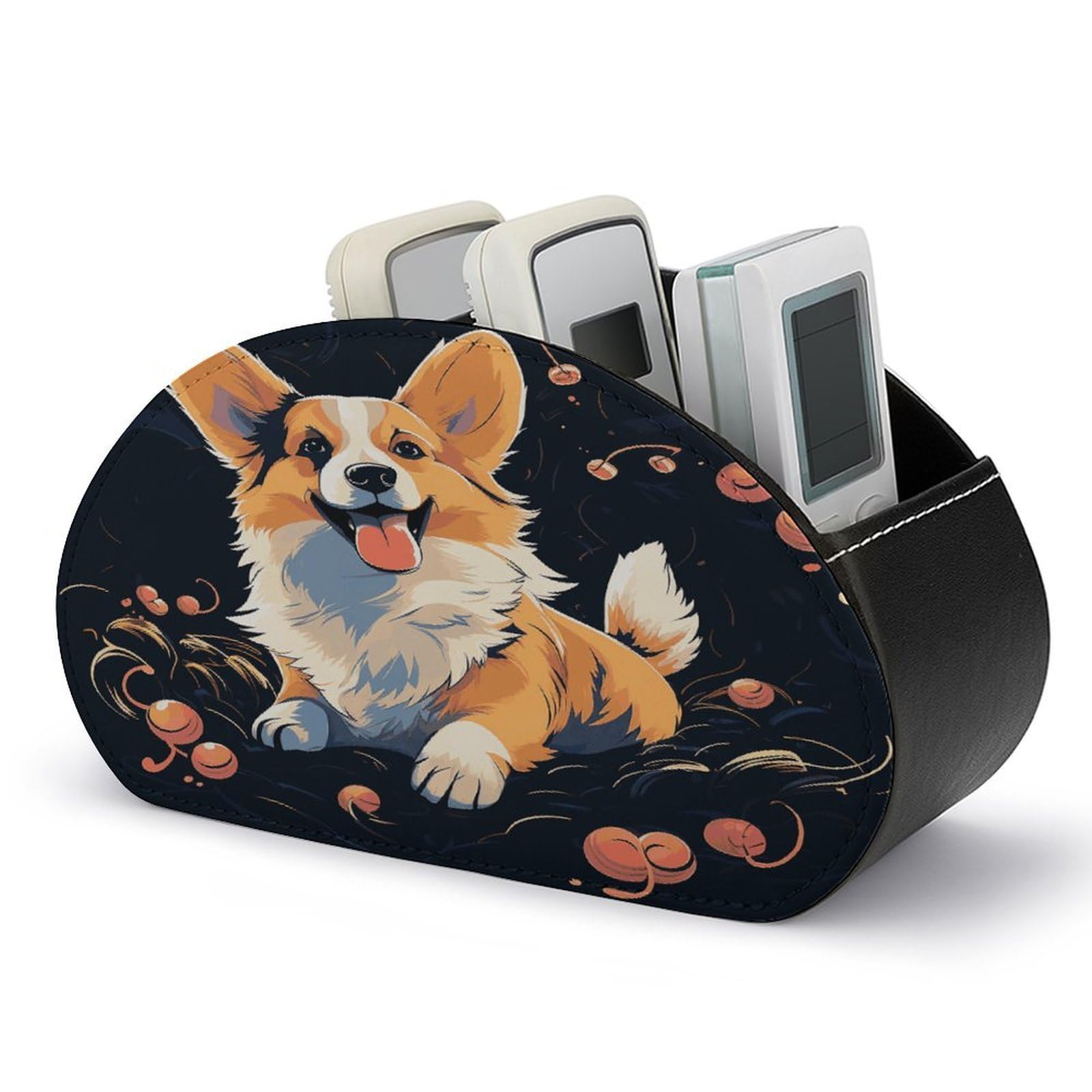 Corgi Dog on Dark Background Remote Control Holder with 5 Compartments Multi-functional TV Remote Caddy Organizer Leather TV Remote Holder Desktop Organizer Store for Bedside Table Office Desk
