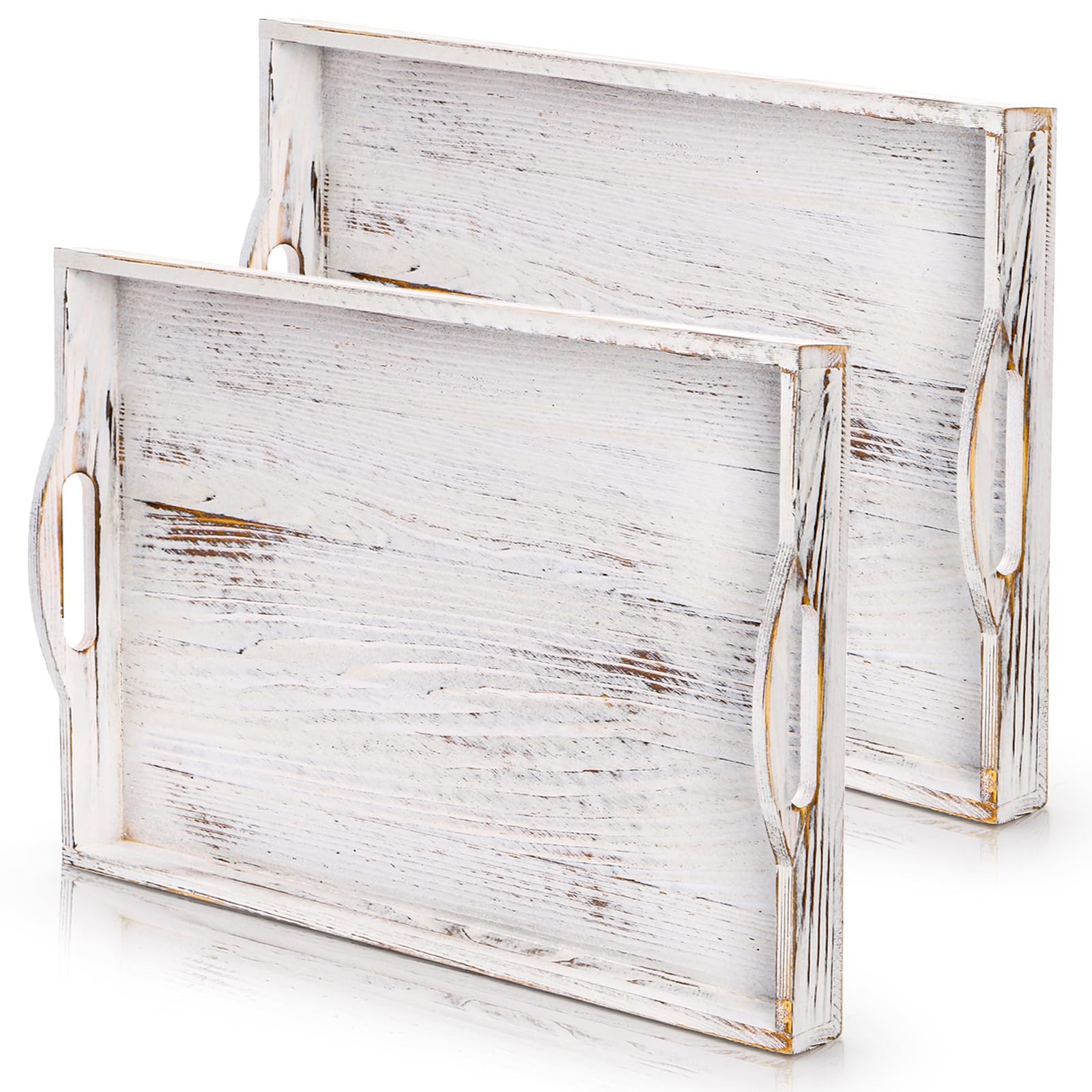 DEAYOU 2 Pack Wood Serving Tray, 16.5" Ottoman Wooden Trays for Coffee Table, Farmhouse Vintage Decorative Tray Platter with Cutout Handle for Eating,