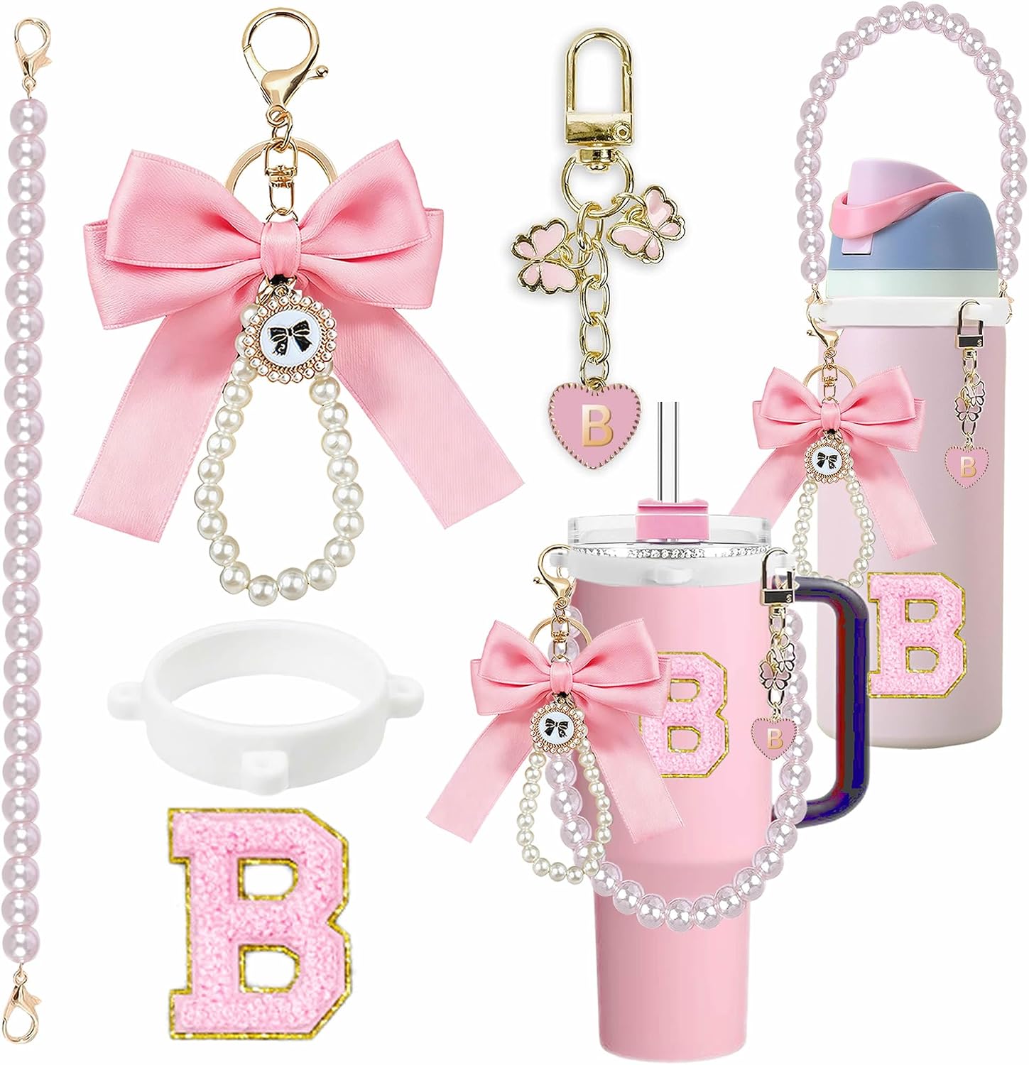 Pearl Handle Strap for Owala Water Bottle, Bow Charm & Letter Stickers
