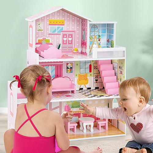 Miniatura 9 de HONEY JOY Casa de muñecas rosa, casa de muñecas de ensueño de madera de 3 pisos con escaleras y balcón, 10 piezas de accesorios de juego y muebles