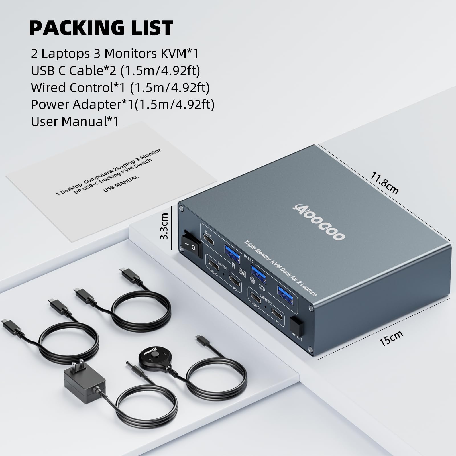 Switch KVM 3 monitor 2 laptop 4K @ 60Hz, USB C KVM Switch Docking Station per Windows Mac, con PD 100W, SD/TF, Ethernet 1G, telecomando cablato e cavi USB C