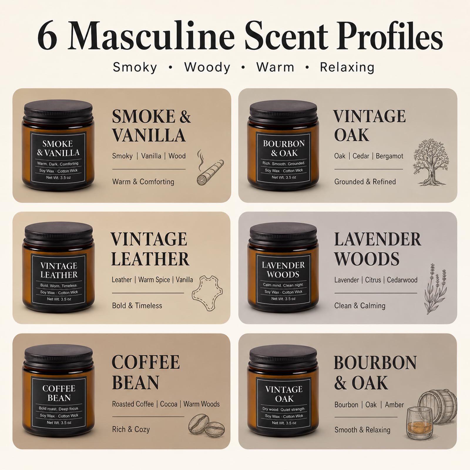 Juego de velas para hombre, 6 velas de soja perfumadas de 100 g para el hogar, velas de aromaterapia masculina, juegos de regalos para cumpleaños, día del padre, aniversario, Navidad, hombres