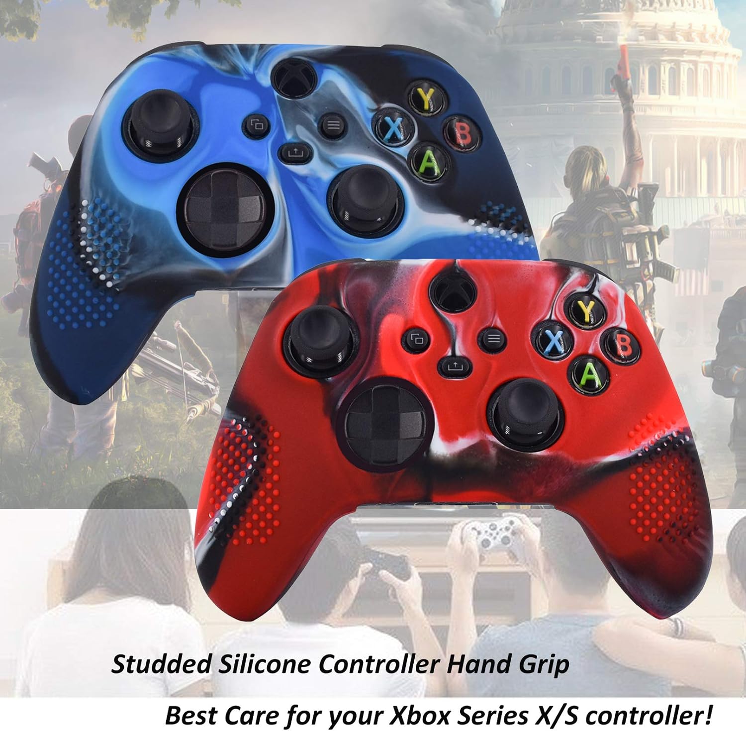 Grips for Xbox Series X Controller, Pandaren Studded Anti-Slip Silicone Cover for Xbox Series X/S Controller Skin Hand Grip with 8pcs FPS Pro Thumb Sticks Cap Protector(Camoublue&red)