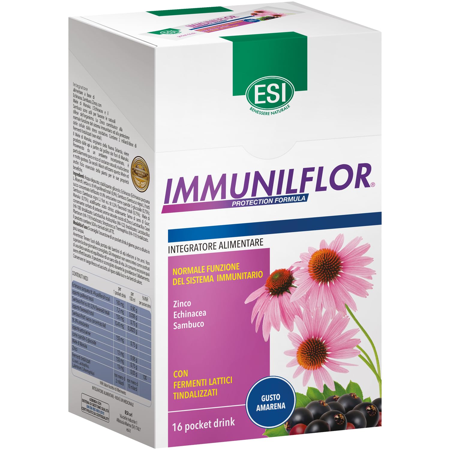 ESI - Immuniflor, Integratore Alimentare a Base di Fermenti Lattici e Vitamina C, Favorisce le Difese Immunitarie Contro i Malanni Tipici della Stagione Invernale, Senza Glutine, 16 Pocket Drink