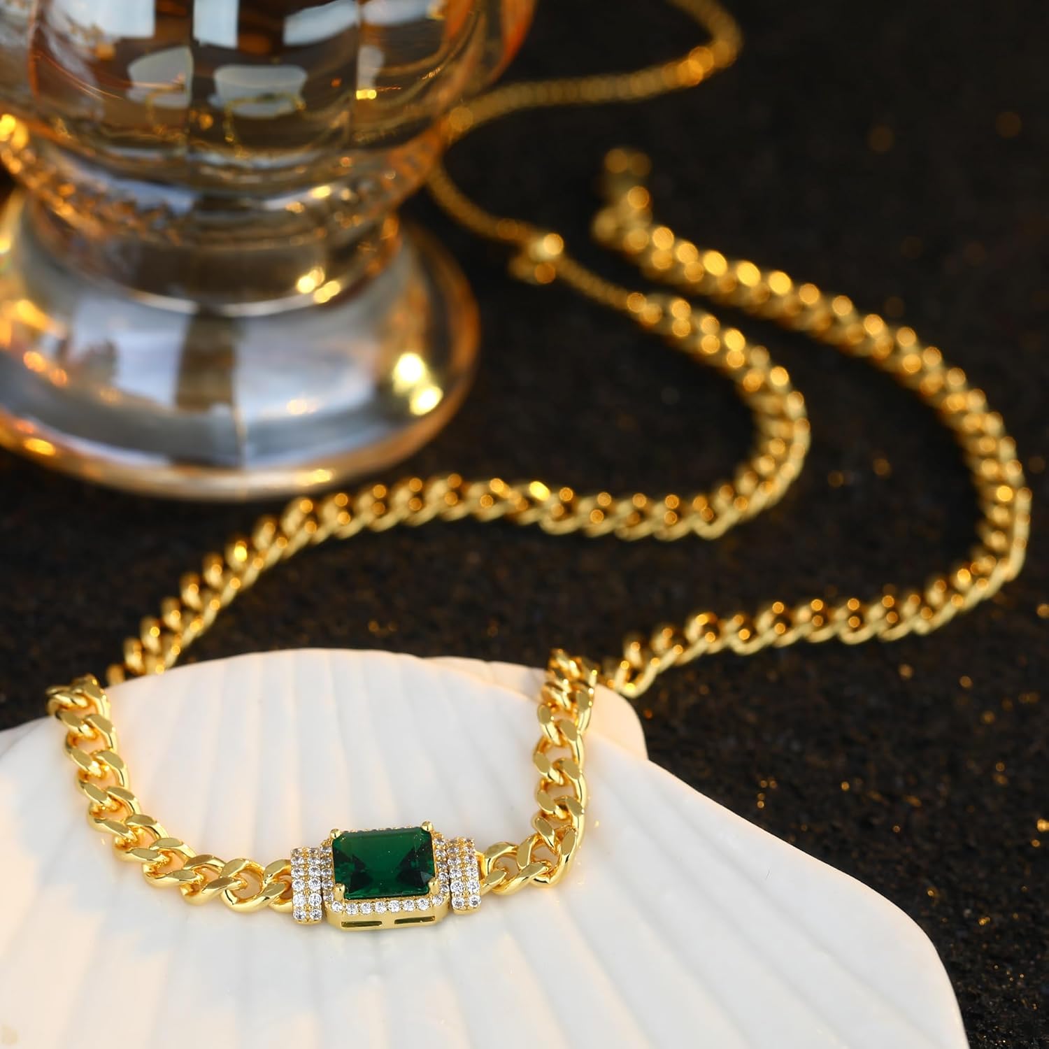 EVEYE 18K Gold Plated Necklace for Women, Adjustable Slide Lock Choker Necklace with Created Emerald & Cubic Zirconia, 14.5-18.3 Inch Dainty Gold Jewelry Gifts for Women - Image 4