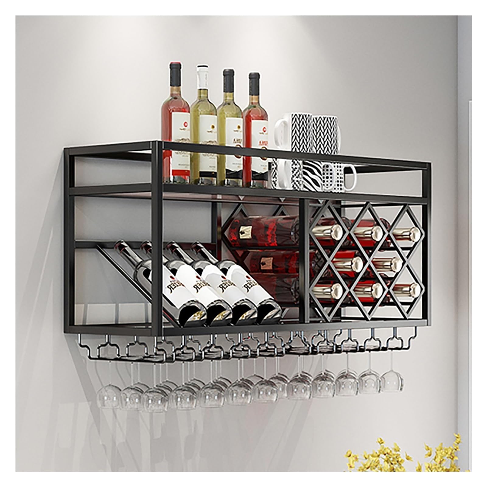 Étagère à vin murale avec porte-verre suspendu en métal noir pour bar et salon