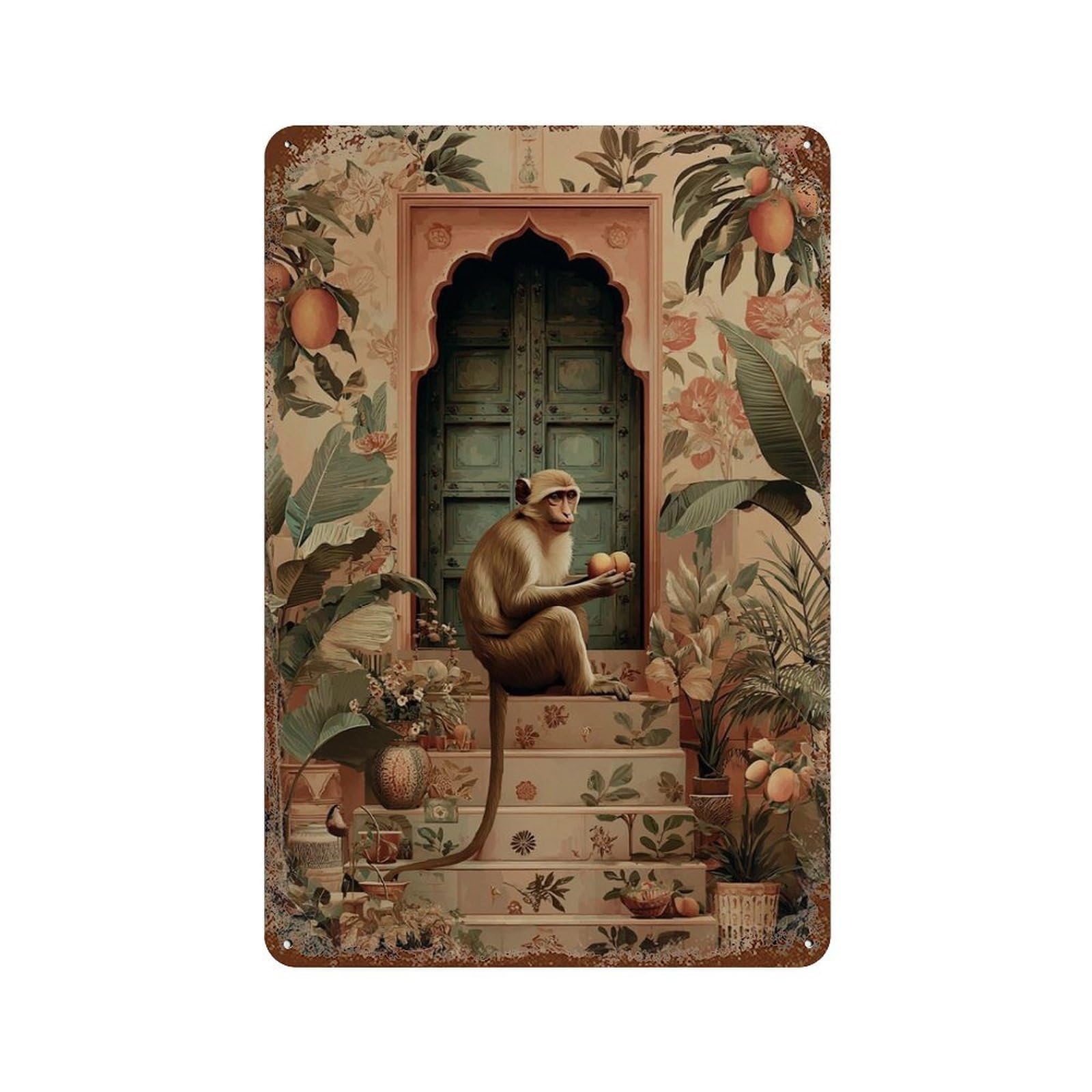 xiaoxiaoshen Monkey Courtyard Tropical Botanical Animal in Detailed Style Wall Decor Art Metal Tin Poster Modern Home Decor Art Home Bar Shop Decorations Vintage Sign 30x20cm