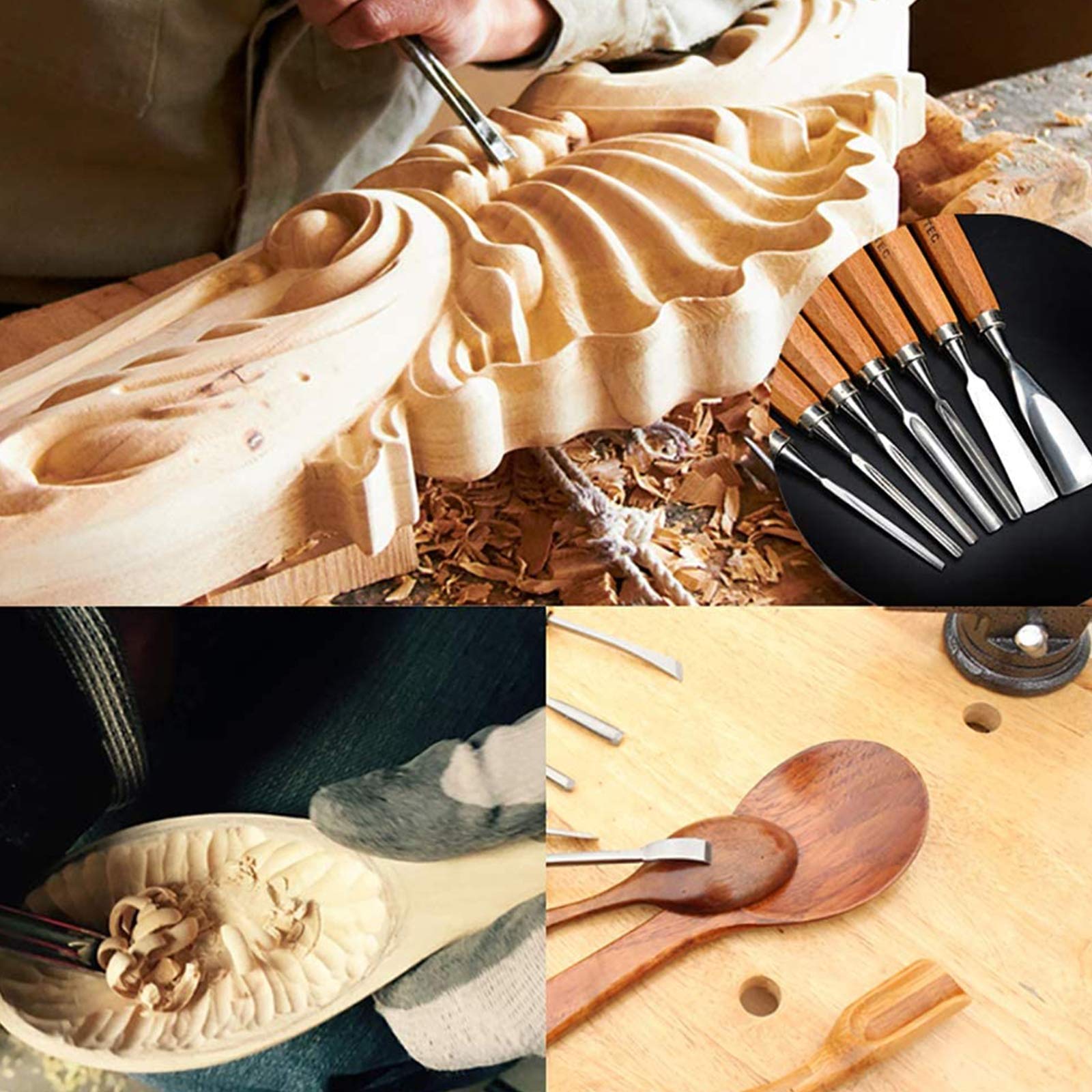 Juego de herramientas de cincel para tallado de madera, gubias para herramientas manuales profesionales para carpintería, 12 piezas, juego de cinceles para tallado de madera con caja de madera, cince