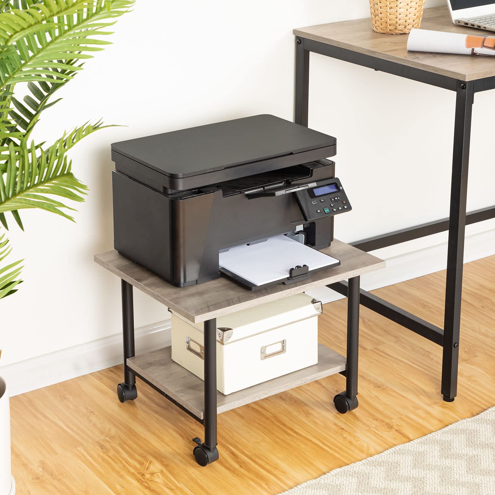 HOOBRO Soporte de Impresora, Carro Móvil con Ruedas y 2 Estantes, para Oficina, Casa, Copiadora, Escáner, Microondas, Macetas, Estructura Metálica, Greige y Negro EBG02PS01