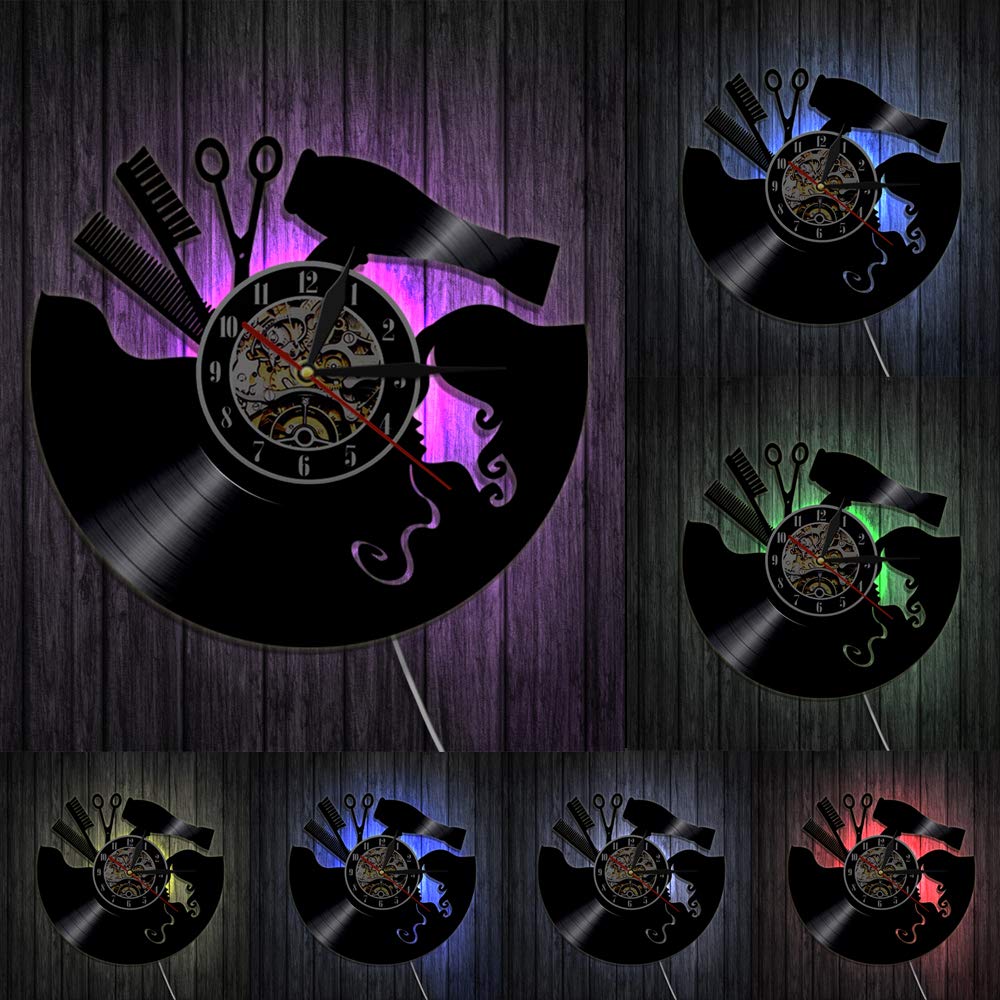 Reloj de pared de vinilo con tema de peluquería con luz nocturna LED, función de reloj de pared, regalo para peluquería