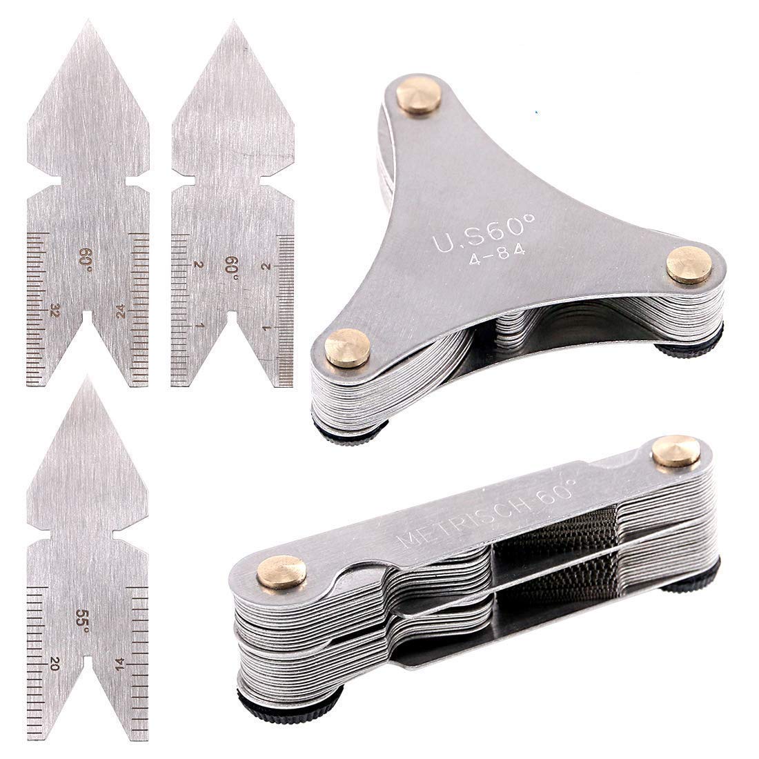 5Pcs Stainless Steel Screw Thread Pitch Cutting Gauge Tool Set, 51Pcs America SAE Type + 58 Pcs Metric & America SAE Type & British Whitworth + 3Pcs Center Gage