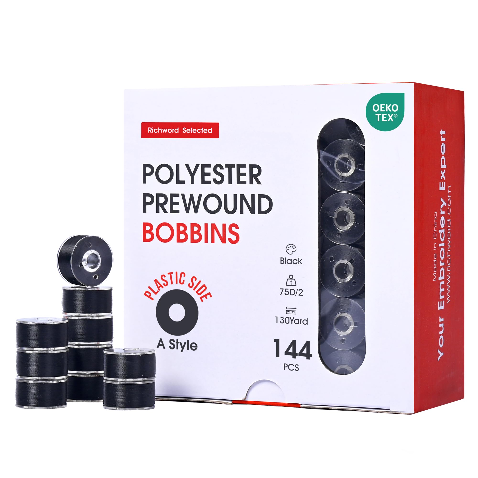 Richword - Bobine preavvolte 144 pezzi (classe 15), dimensione A, lato in plastica, 75D/2 (60 WT), filo in poliestere per ricamo e macchina da cucire ad ago singolo, nero, 127 m