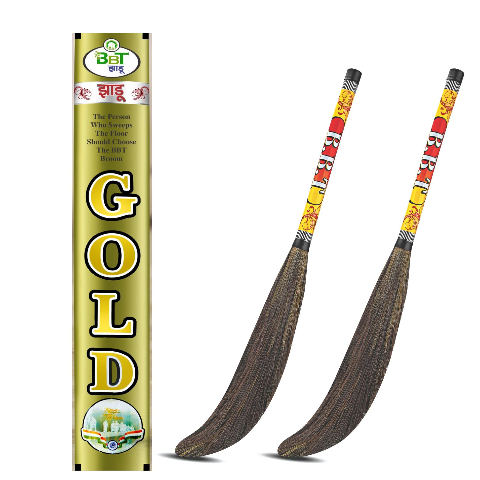 BBT Premium Phool Jhadu (Pack of 2) - Long Handle Grass Broom for Home Floor Cleaning | No Dust Soft Grass Floor Broom Stick | Heavy Duty Eco-Friendly Cleaning Jhadu (Gold)