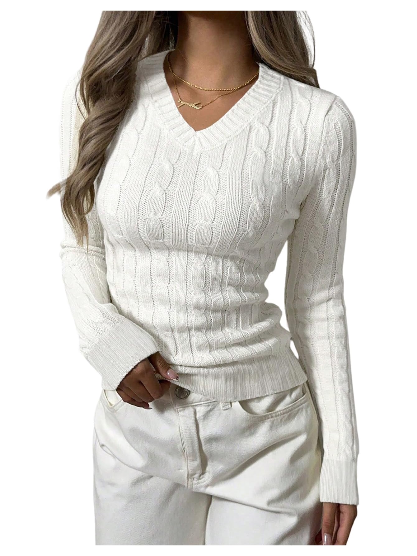 Verdusa Womens Cable Knit Sweater V Neck Long Sleeve Fitted Pullover Tops Business Casual Fall Outfits