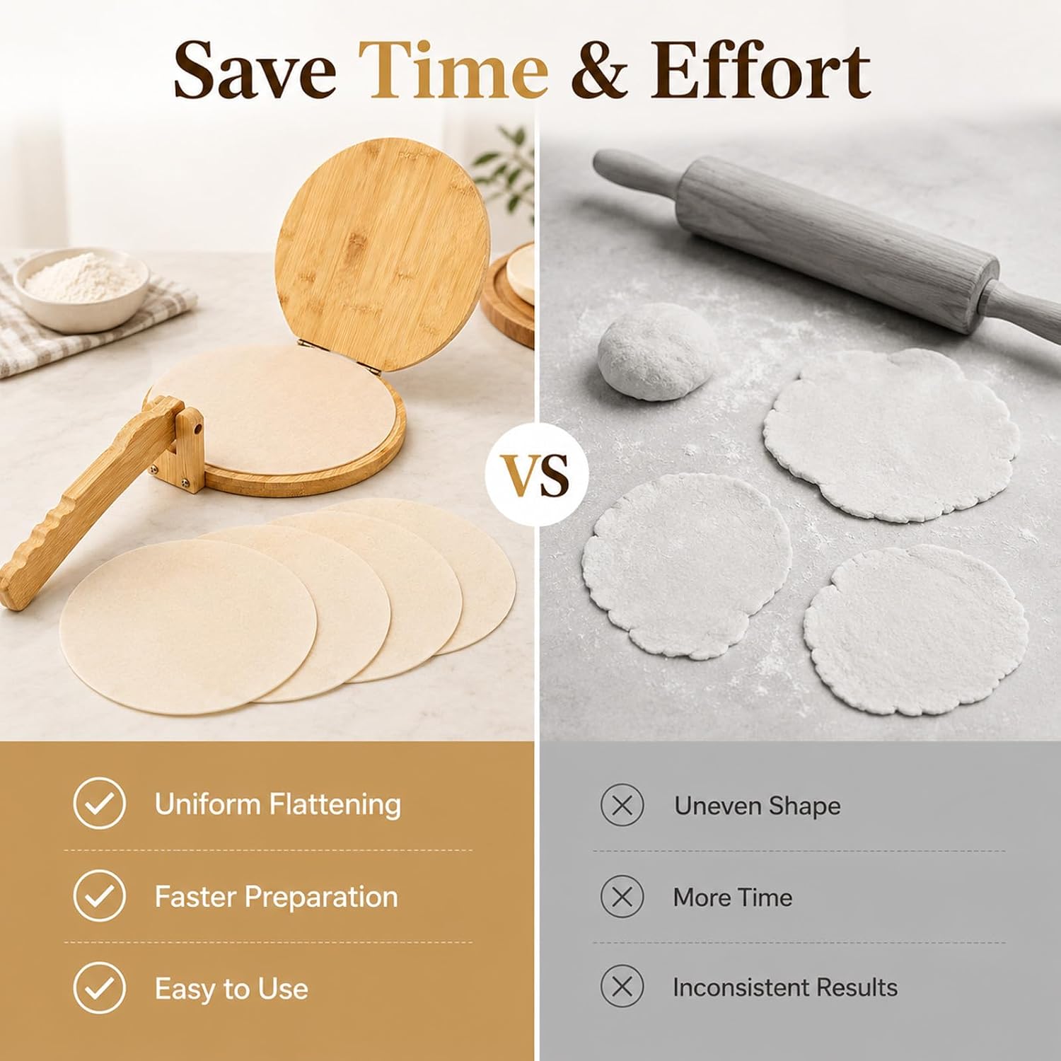 10 Inch Bamboo Round Tortilla Press Set, Mexican Tortilla Maker with 100 Parchment Papers and Rolling pin, Homemade Corn&Flour Flatbread Press for Mexican Tacos, Roti, Patacones