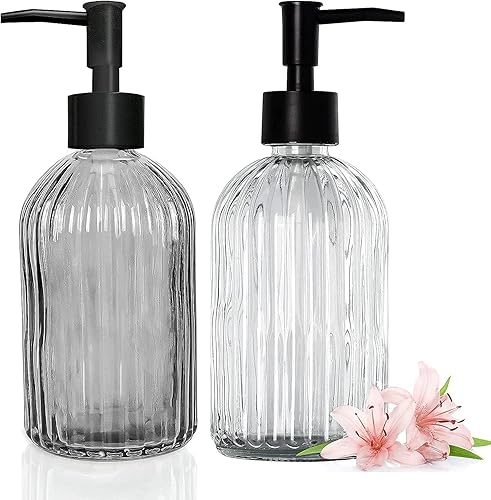 Top-spring Juego de dispensador de jabón, dispensador de jabón de vidrio de 13 onzas, paquete de 2 botellas de jabón con bomba, dispensador de jabón
