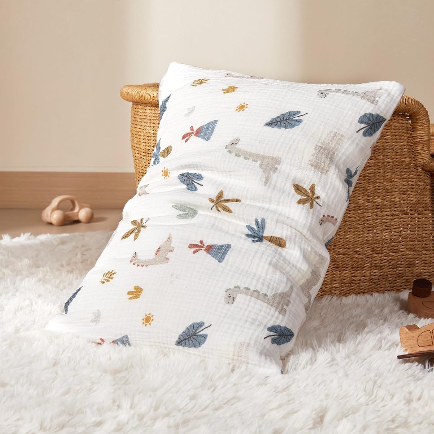 TILLYOU Muslin Toddler Pillowcase 2 Pack, 13x18 Soft Travel Cotton Pillow Case Kids for Boys and Girls, Dinosaur