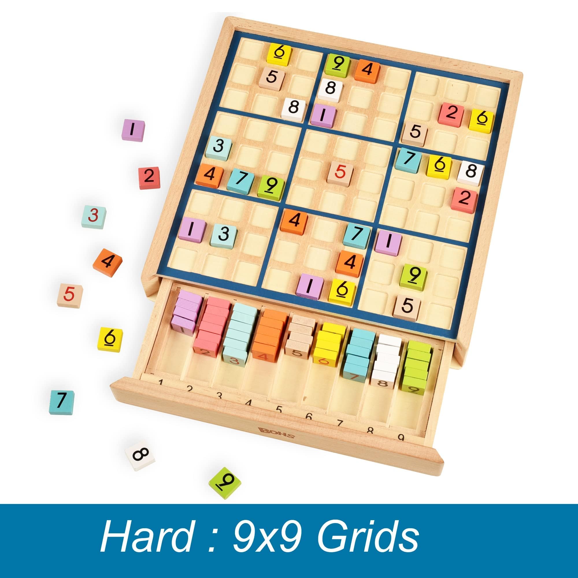 BOHS 3-en-1 Sudoku de Madera - Juego Educativo para Niños con 320 Rompecabezas, Niveles Fácil a Difícil, Incluye Fichas Multicolores - Juguete de Escritorio