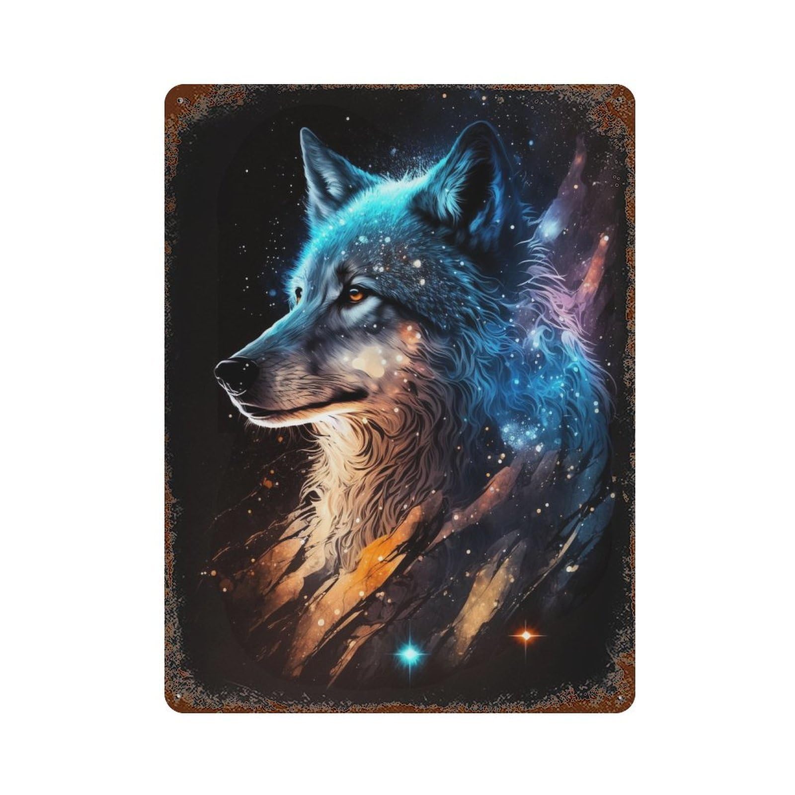 Garage Style Cosmic Wolf Art Print-5 Rustic Tin Plaque 15.7"x11.8", Farmhouse Wall Decor for Bar And Workshop