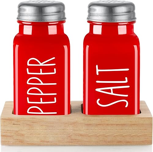 Miniatura 1 de Juego de saleros y pimenteros rojos de Navidad, salero de vidrio Dopeca con bandeja de madera para encimera de cocina, decoración y accesorios rojos