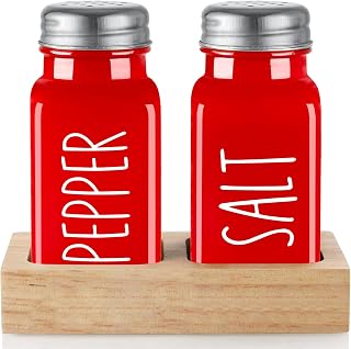 Red Salt and Pepper Shakers Set with Holder - Dopeca Glass Salt Shaker with Wood Tray for Kitchen Counter - Red Kitchen Decor and Accessories - for Christmas Kitchen Housewarming Gift - 2.7 oz