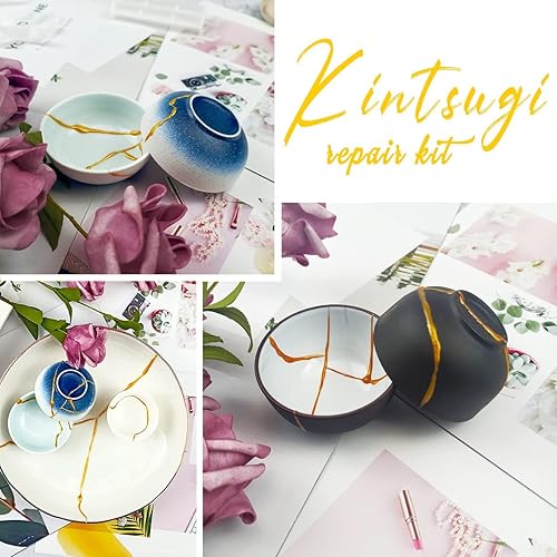Miniatura 7 de Kintsugi Kit de reparación dorado, kit de reparación de oro japonés con taza de práctica, pegamento dorado para reparación de cerámica y porcelana,