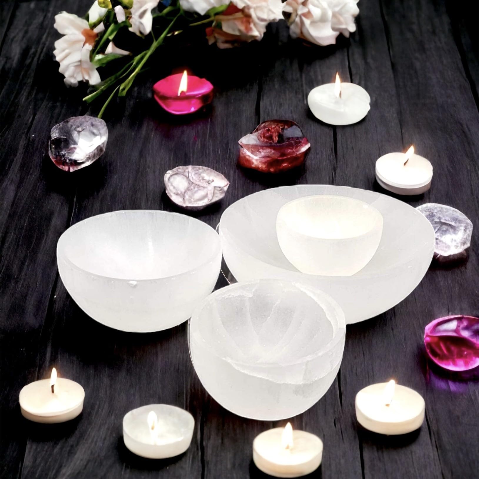 4All Bol de nettoyage rond en cristaux de sélénite - Pierre de sélénite super naturelle - Outil de méditation - Fait à la main - 8 cm