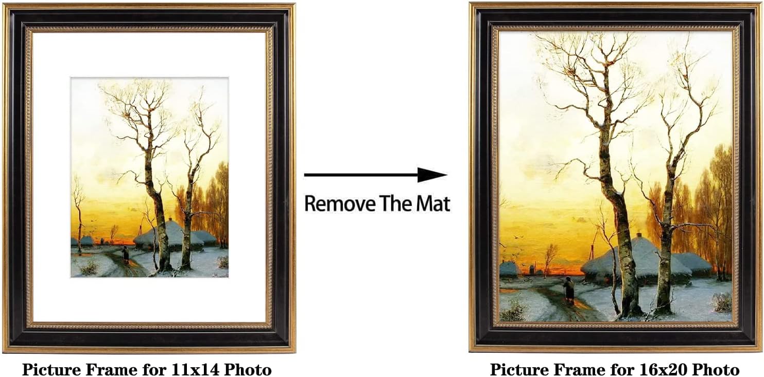 Space Art Deco, 16x20 Picture Frame with Mat for 11x14 Photo or Display 16x20 Prints Without Mat, Shatter Resistant Glass Wall Mounting (Color Ornate Gold/Black) - Image 5