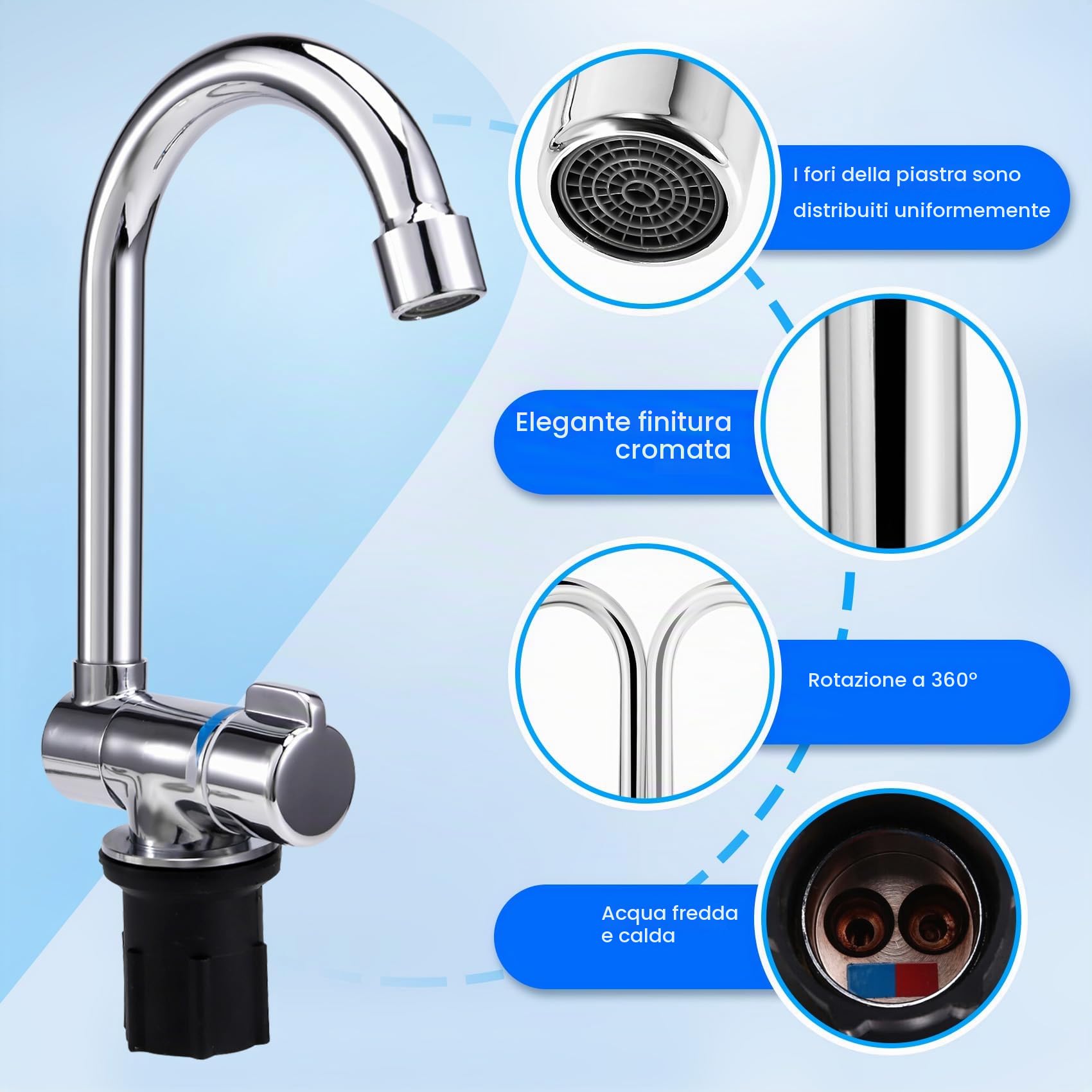 Rubinetto pieghevole per, universale, girevole a 360°, miscelatore acqua calda e fredda, 1/2"