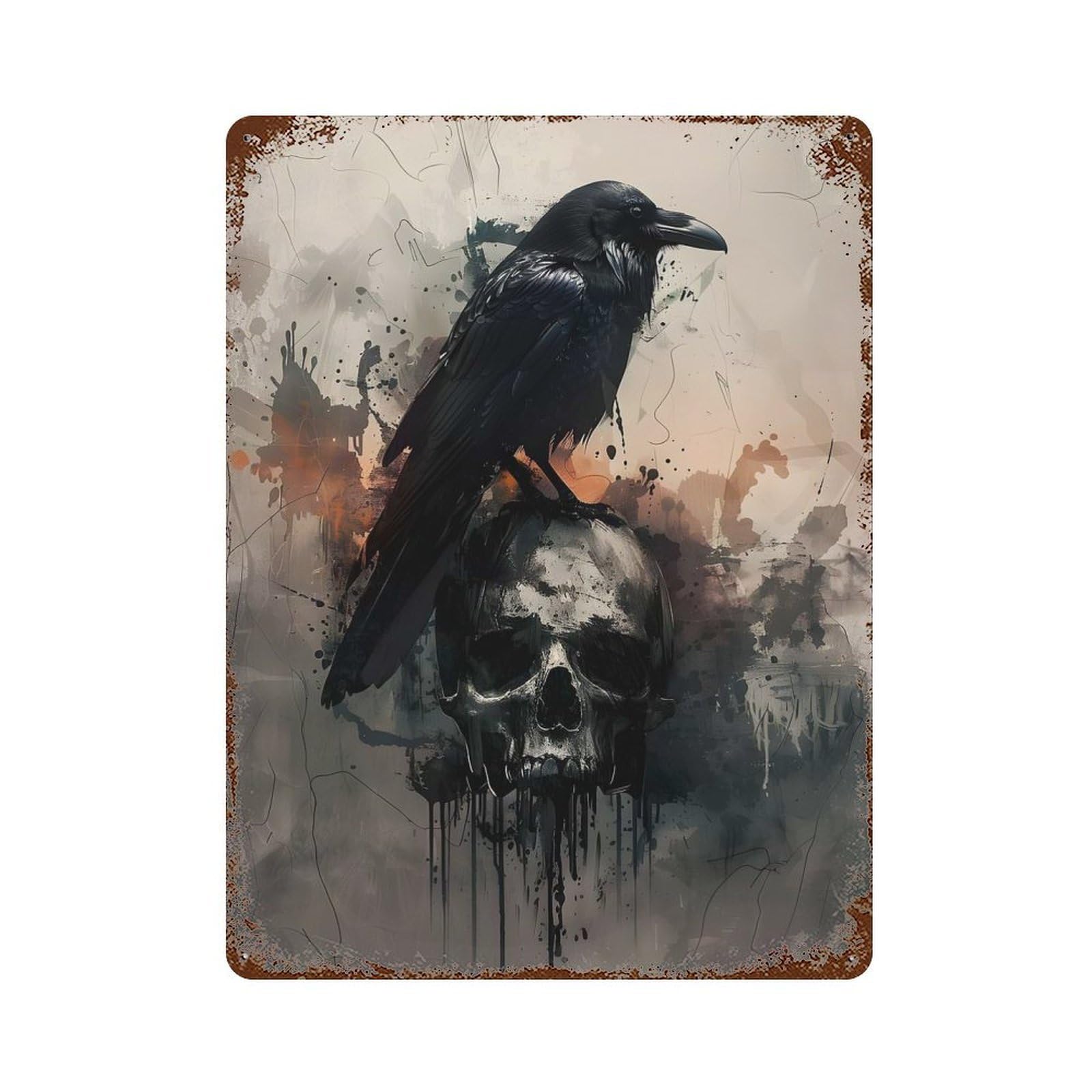 Vintage Rust Metal Sign with E.A. Poe Raven on Skull Design 15.7"x11.8", for Farmhouse, Kitchen And Entryway Decor, Novelty Wall Decor