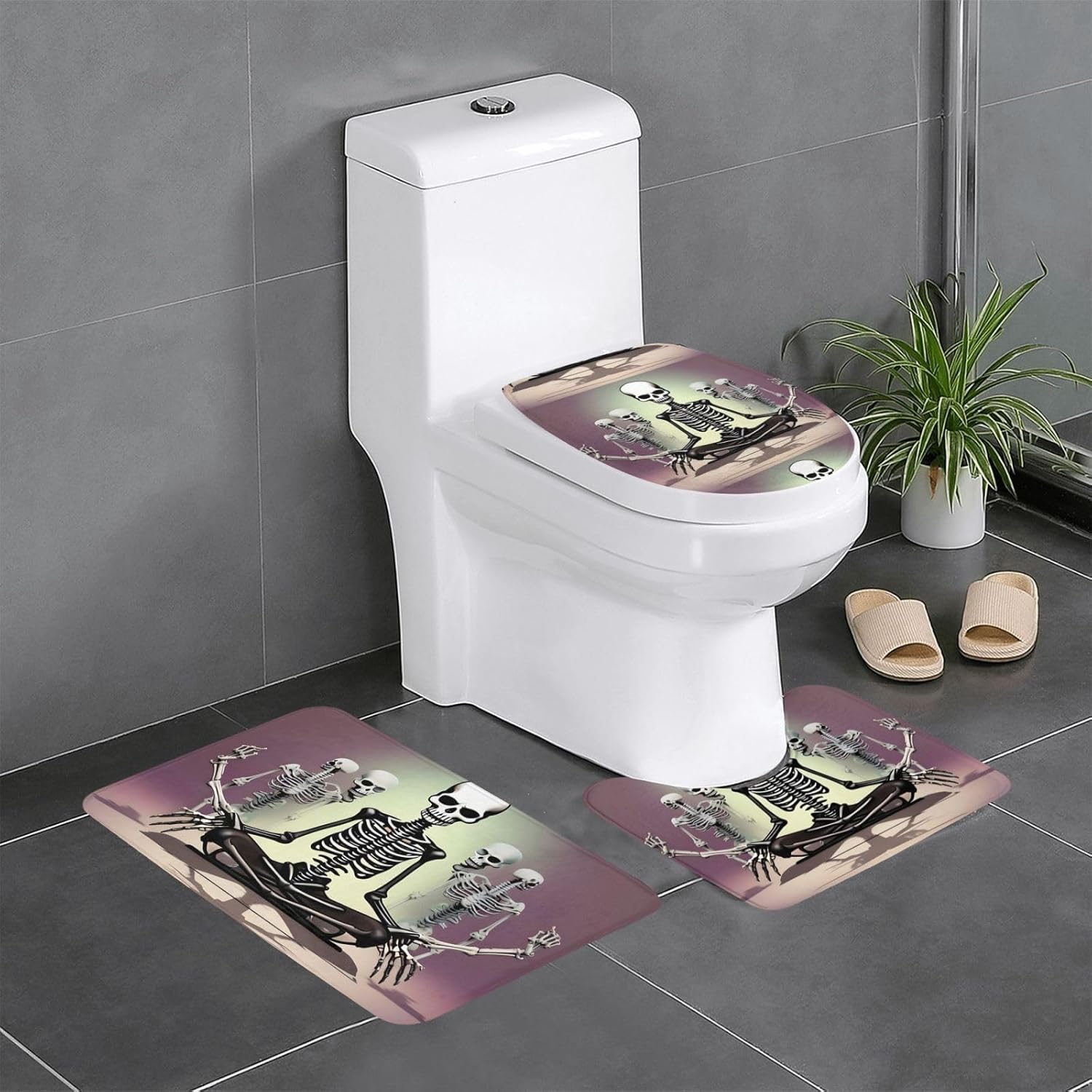 Anti-Slip Floor Mat 3-Piece Set HYTTER Skeletons Yoga Printed U-Shaped Toilet Floor Mat, Tightly Attached, Absorbent & Durable, Thick & Comfortable ﻿