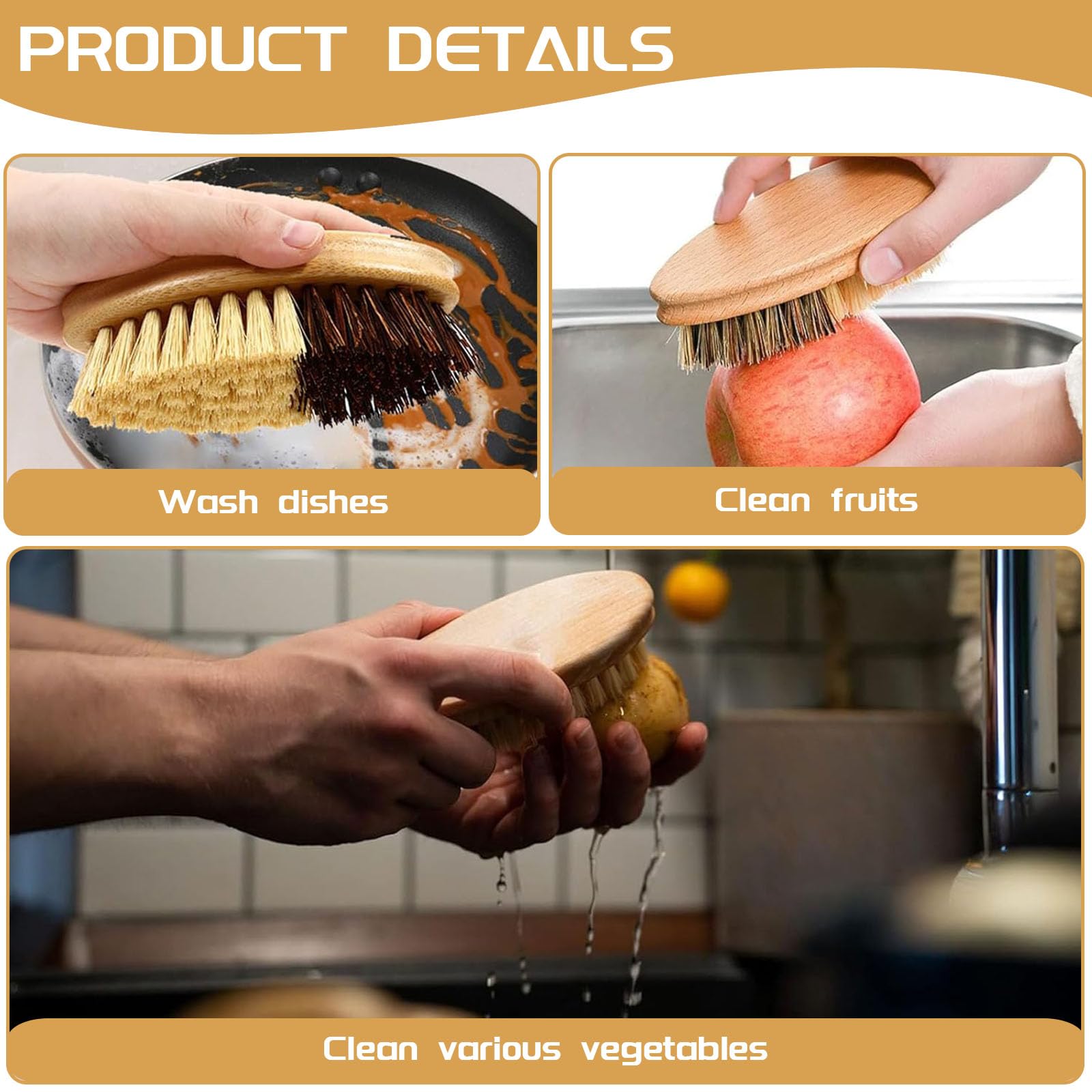 2 cepillos de cocina de madera, cepillo para verduras y setas, cepillo para verduras, madera, 11 x 5 cm, cepillo para patatas, cepillo de cocina para verduras y frutas para patatas, zanahorias y