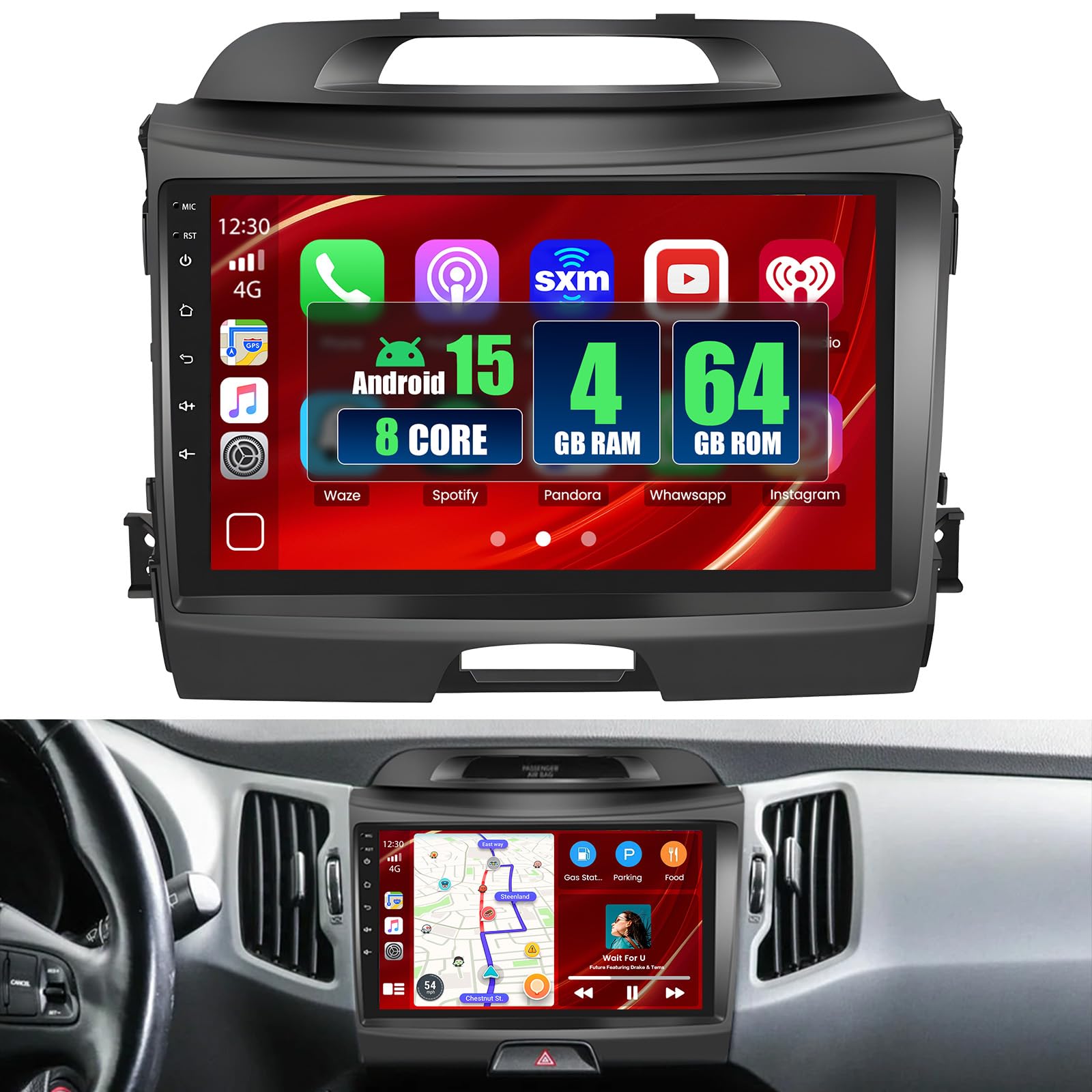 Autorradio CAMECHO Android 15 Para Kia Sportage 2010-2016 – Qualcomm 8 Núcleos, 4GB+64GB, Pantalla IPS 9", Wireless CarPlay Y Android Auto, Cámara Trasera Incluida
