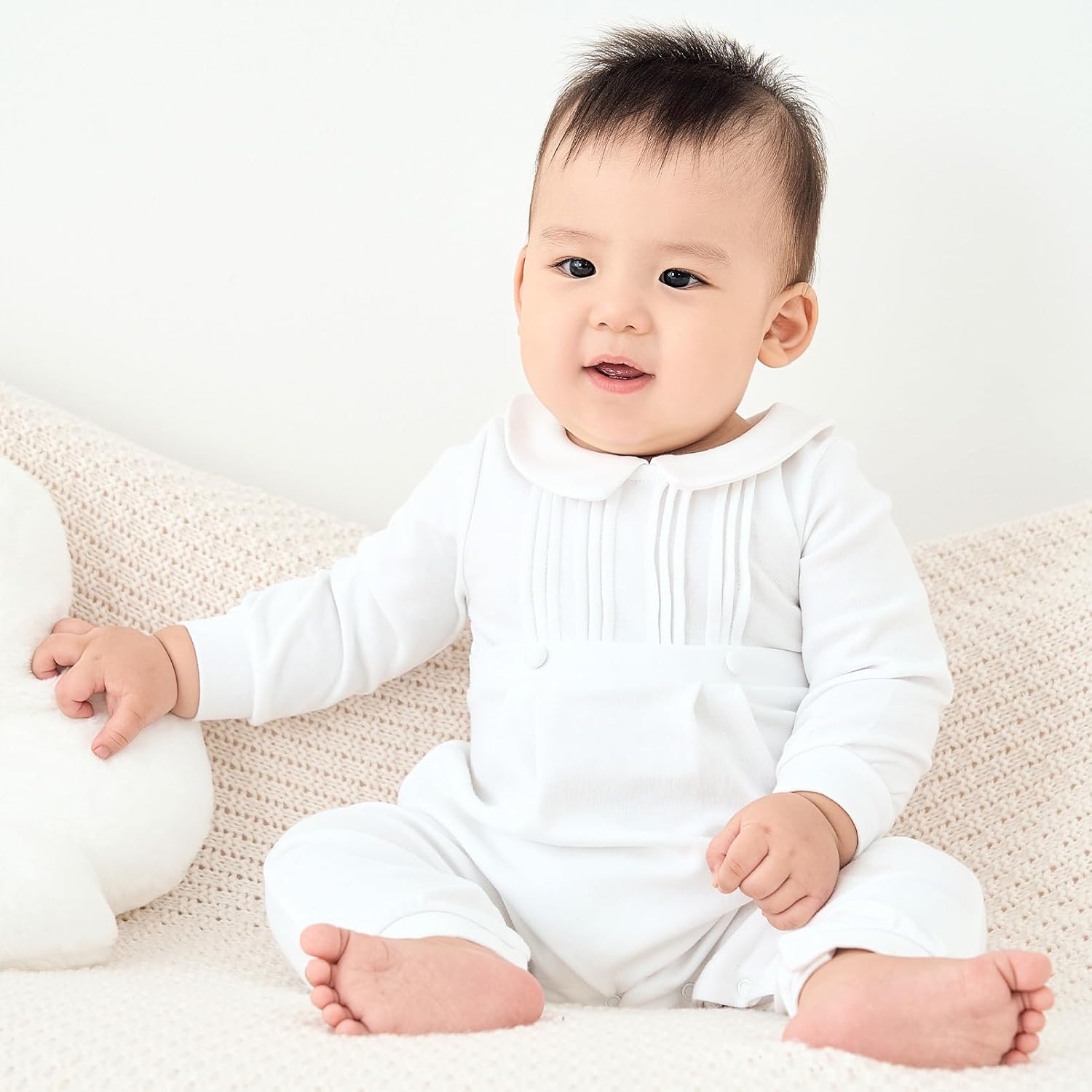 pureborn Unisex Baby Jumpsuit Infant Boys Girls Cotton Spring Fall Romper One-Piece Coverall Baptism Outfit White 0-24 Months - Image 2