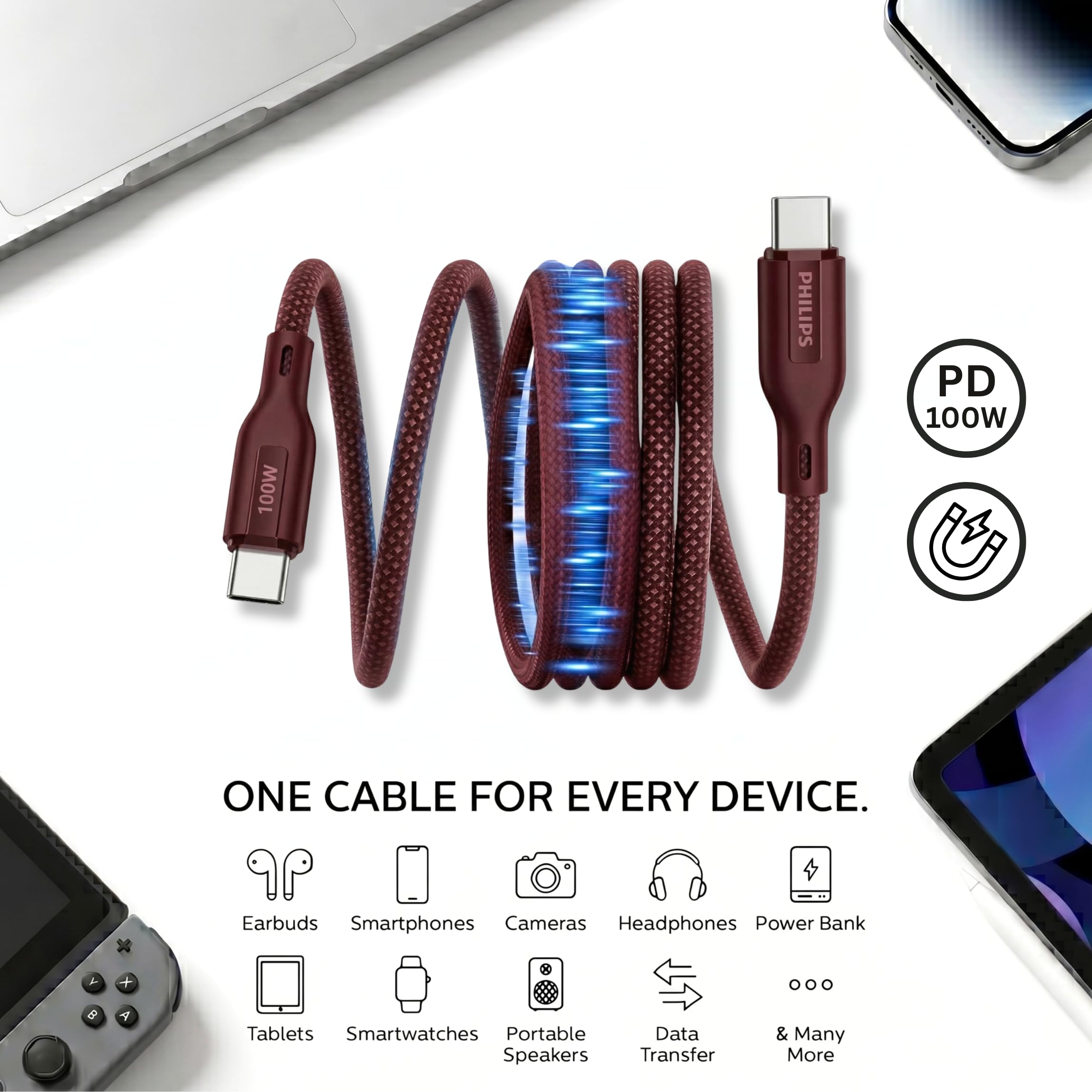 Philips 100W USB-C to USB-C Cable - Magnetic & Fast Charging -3 Philips 100W USB-C to USB-C Cable - Magnetic & Fast Charging -3