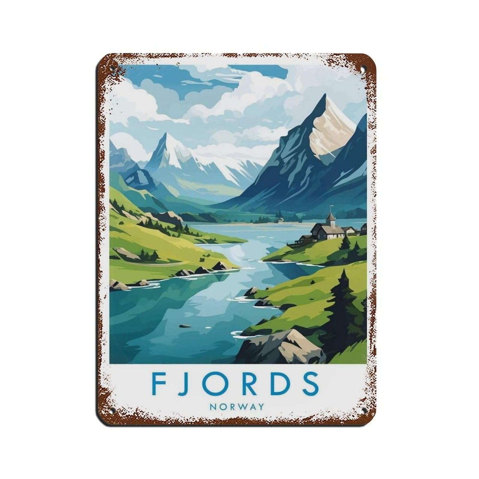 Fjords Travel Poster, Norway Tin Sign Vintage Metal Pub Club Cafe Bar Home Wall Art Decoration Poster Retro 12x16inch(30x40cm)